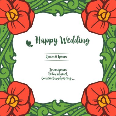 Çerçeve dekorasyon, dalları yaprak ve güzel kırmızı çiçekler, davet kartı mutlu düğün ile. Vektör