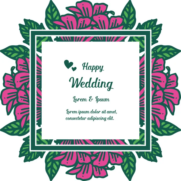 Banner frame, lettering of happy wedding, with crowd of cute flowers. Vector — Stock Vector