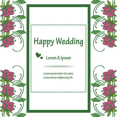 Şablon mutlu düğün, tasarım zarif çiçek çerçeve, beyaz bir zemin üzerinde izole. Vektör