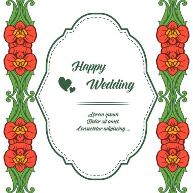 Zarif çiçek çerçeve, mutlu düğün yazı, kartların tasarım şablonu. Vektör
