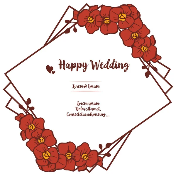 Form av unik ram, med röd blomma, bokstäver av lyckliga bröllop. Vektor — Stock vektor