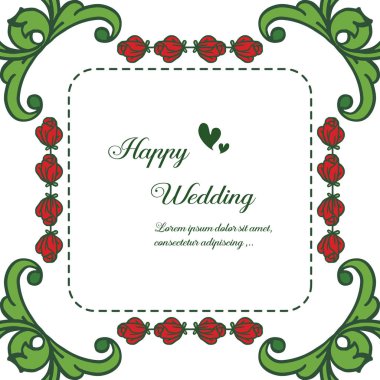 Sevimli kırmızı çiçek çerçevesi ile mutlu düğün, Yazı. Vektör
