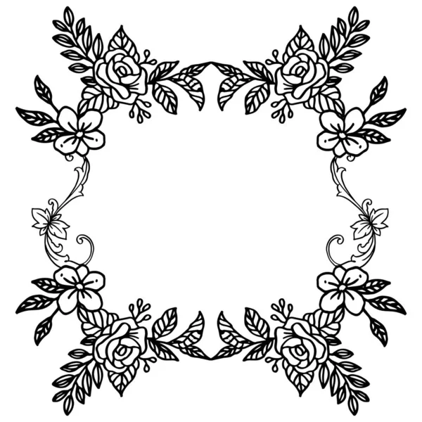 Various pattern of card, black line art on white backdrop, leaves and wreath frame. Vector — Stock Vector
