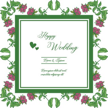 Mutlu düğün yazı, davetiye kartı, tebrik kartı, pembe çiçeklerile süs çerçevesi için. Vektör
