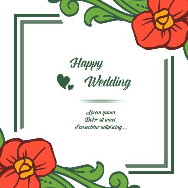 Çerçeve dekorasyon, dalları yaprak ve güzel kırmızı çiçekler, davet kartı mutlu düğün ile. Vektör