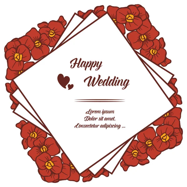 Décoration de cadre, avec feuilles de branches et belles fleurs rouges, carte d'invitation mariage heureux. Vecteur — Image vectorielle