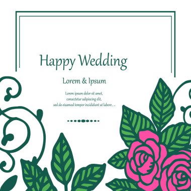 Dekorasyon çelenk çerçeve, mutlu düğün beyaz, tebrik kartı izole. Vektör
