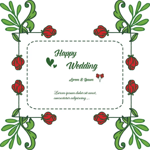 Letras de feliz boda, con lindo marco de flores rojas. Vector — Vector de stock