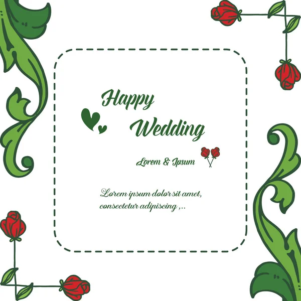 Lettering of happy wedding, with cute red flower frame. Vector — Stock Vector