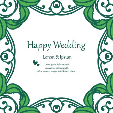 Davet kartı mutlu düğün, doku çiçek çerçeve, yaprak dalları çerçeve kalabalık ile. Vektör