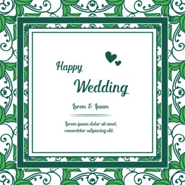 Davet kartı mutlu düğün, doku çiçek çerçeve, yaprak dalları çerçeve kalabalık ile. Vektör