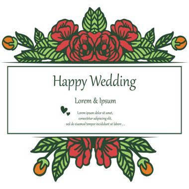 Kart şablonu, mutlu düğün harfleri, kalabalık sevimli çelenk çerçeve ile. Vektör