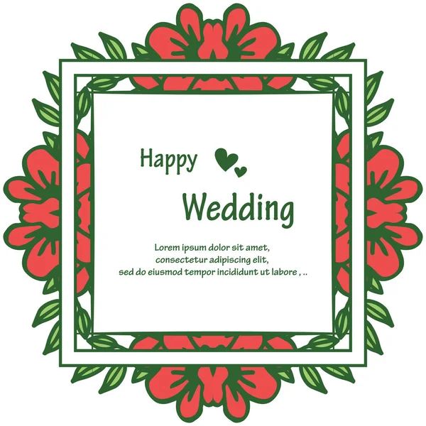 Modello di matrimonio felice, con disegno elegante cornice di fiori rossi, per carta da parati di carte. Vettore — Vettoriale Stock