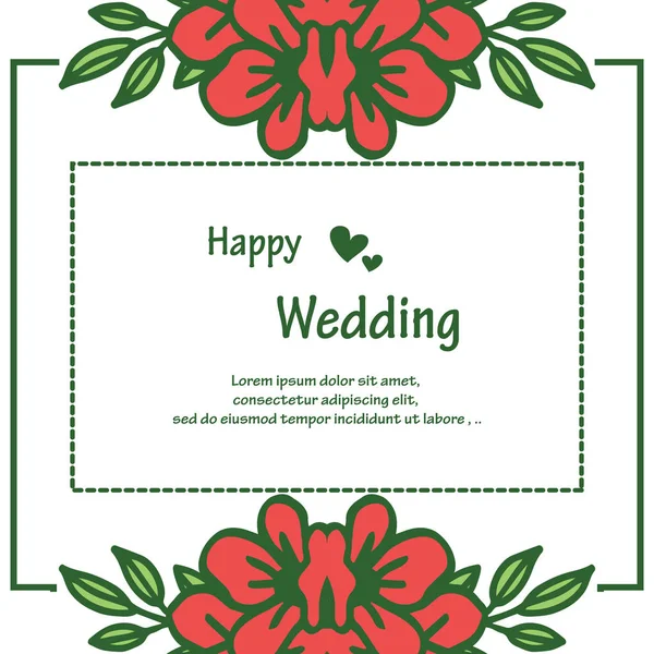 Šablona šťastné svatby s elegantním červeným rámečkem květin pro tapetu karet Vektorové — Stockový vektor