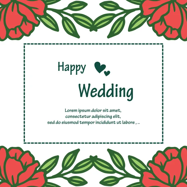 Template of happy wedding, with drawing elegant red flower frame, for wallpaper of cards. Vector — Stock Vector