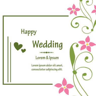 Çerçeve sınırı, sevimli pembe çiçek çerçeve, mutlu düğün tasarım yazı. Vektör