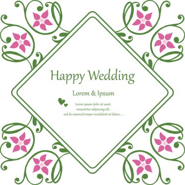 Çiçek süsü, desen zarif çerçeve, mutlu düğün yazı ile Davet kartı. Vektör
