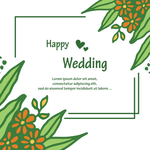 Branches leaves, with elegant frame, and beautiful flowers, template of card happy wedding. Vector — Stock Vector