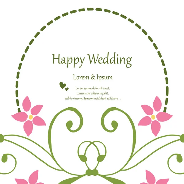 Border of frame, cute pink flower frame, design lettering of happy wedding. Vector — Stock Vector