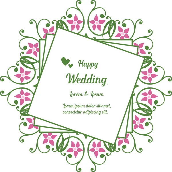 Cartão de convite com ornamento floral, moldura elegante padrão, letras de casamento feliz. Vetor — Vetor de Stock