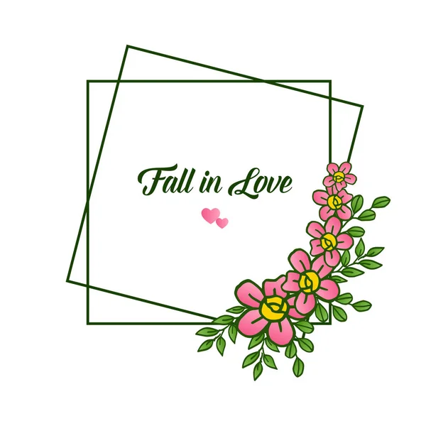 Carta enamorarse, con decoración de marco, para planta de hojas verdes y flor rosa. Vector — Vector de stock