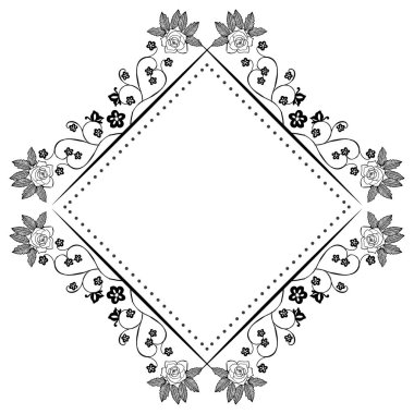 Siyah beyaz çiçek çerçeve, beyaz bir zemin üzerinde izole, tebrik kartları tasarımı için. Vektör