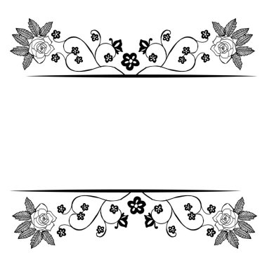 Siyah beyaz çiçek çerçeve, beyaz bir zemin üzerinde izole, tebrik kartları tasarımı için. Vektör