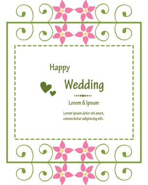 Kart için pembe çiçek çerçevesi dokusu ile mutlu düğün, Yazı. Vektör