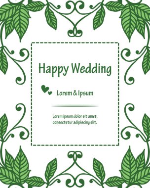 Güzel çiçek çerçeve, süslü yeşil yaprakları, tasarım için zarif kart mutlu düğün. Vektör