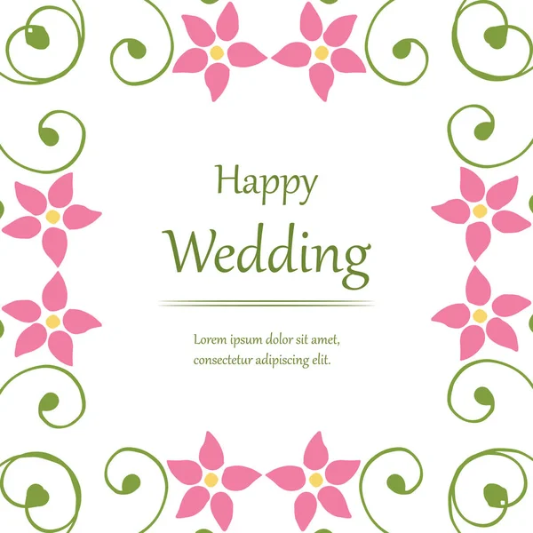 Letras de casamento feliz, com textura de moldura de flor rosa, para cartão. Vetor — Vetor de Stock