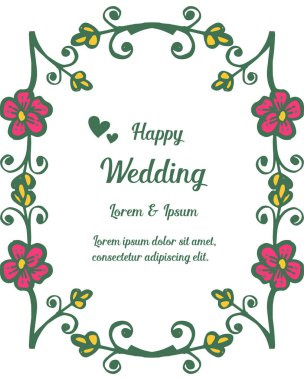 Metin mutlu düğün, dekorasyon çiçek çerçeve ile, tebrik kartı, davetiye kartı için. Vektör
