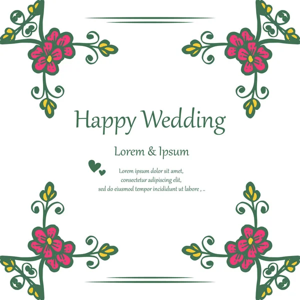 Texto feliz boda, con marco de flores decoración, para tarjeta de felicitación, tarjeta de invitación. Vector — Vector de stock