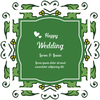 Dekorasyon dalları yaprakları, benzersiz çerçeve, süslü davetiye kartı mutlu düğün. Vektör