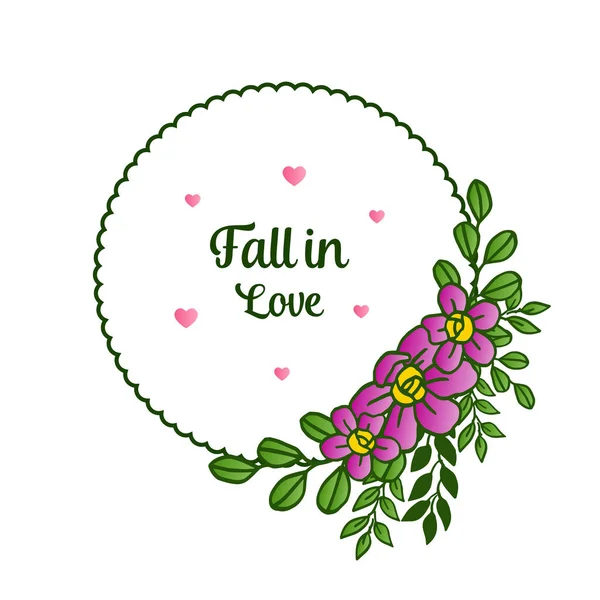 Texte calligraphique tomber en amour, avec cadre floral violet design. Vecteur — Image vectorielle