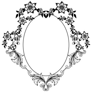 Siyah çizgi sanat, yaprak ve çiçek çerçeve kroki bitki ile, tebrik kartı için. Vektör