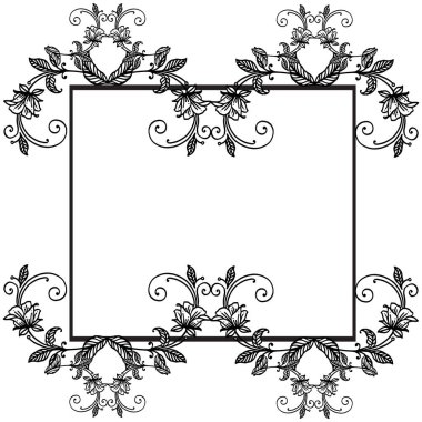 Yaprak çiçek çerçeve silueti, retro kroki beyaz zemin üzerinde izole. Vektör