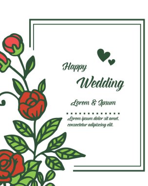 Romantik kırmızı çiçek ve yaprak çerçeve, mutlu düğün davetiye kartı şablon tasarım. Vektör