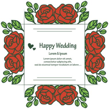 Romantik kırmızı çiçek ve yaprak çerçeve, mutlu düğün davetiye kartı şablon tasarım. Vektör