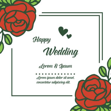 Kırmızı çiçekler, yaprakların dalları, kart mutlu düğün tasarımı çelenk. Vektör