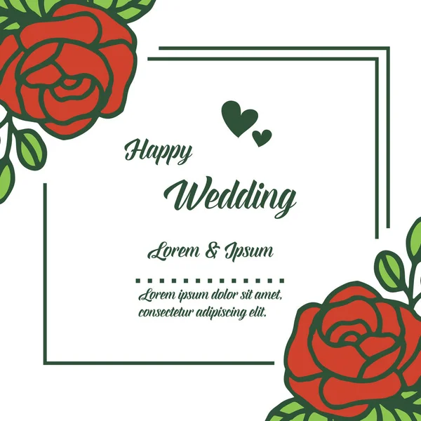 Kırmızı çiçekler, yaprakların dalları, kart mutlu düğün tasarımı çelenk. Vektör