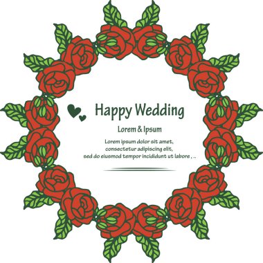 Kırmızı çiçekler, yaprakların dalları, kart mutlu düğün tasarımı çelenk. Vektör