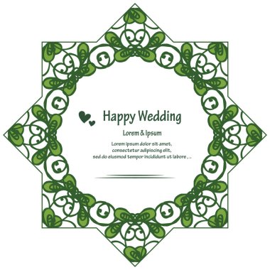 Mutlu düğün yazısı, tebrik kartı dekorasyonu, davet kartı, yaprakların dalları ile, zarif çiçek çerçeve. Vektör