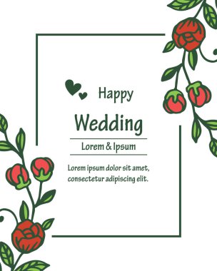 Zarif çerçeve, kırmızı çiçekler ve yaprakların dalları ile, kart mutlu düğün duvar kağıdı. Vektör