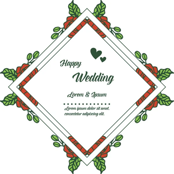 Corona de flores rojas, ramas de hojas, diseño de tarjeta feliz boda. Vector — Vector de stock