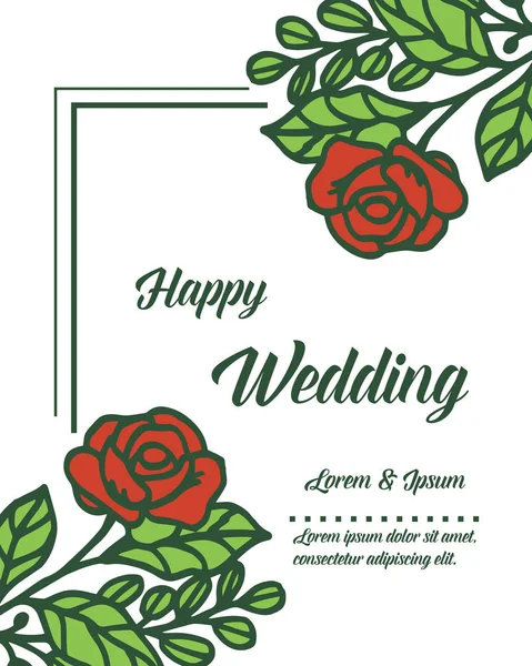 Corona de flores rojas, ramas de hojas, diseño de tarjeta feliz boda. Vector — Vector de stock
