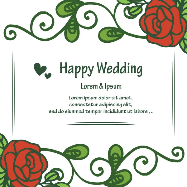 Joyeux mariage lettrage, décoration de carte de vœux, carte d'invitation, avec des branches de feuilles, élégant cadre de fleurs. Vecteur — Image vectorielle