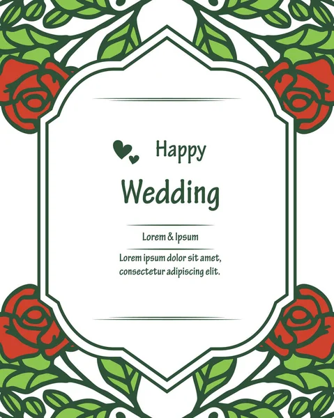 Elegancka rama, z czerwonymi kwiatami i gałęziami liści, tapeta karty szczęśliwy ślub. Wektor — Wektor stockowy