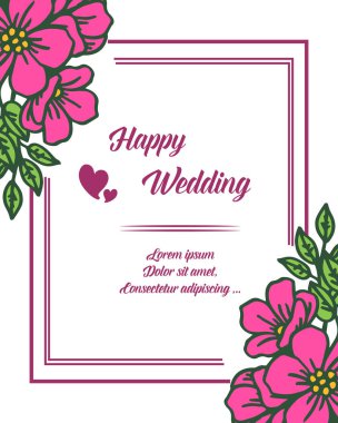 Davet kartı mutlu düğün, süs pembe çiçek çerçeve. Vektör