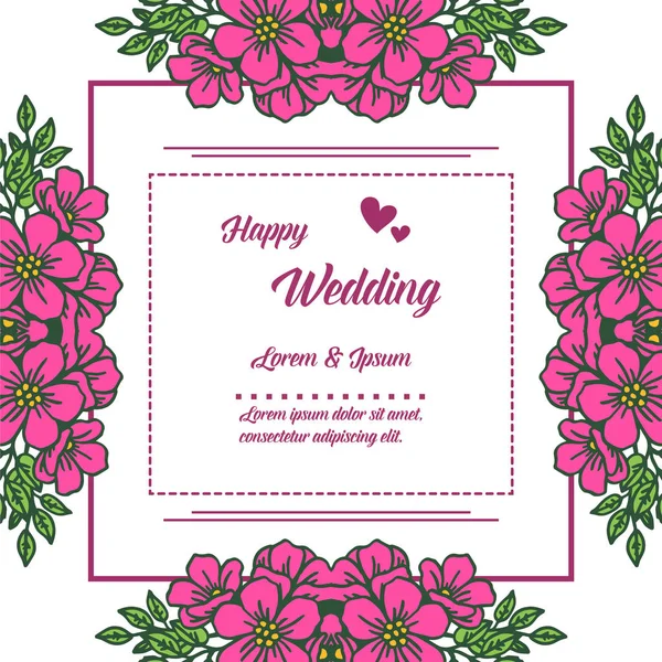 Davet kartı mutlu düğün, süs pembe çiçek çerçeve. Vektör — Stok Vektör