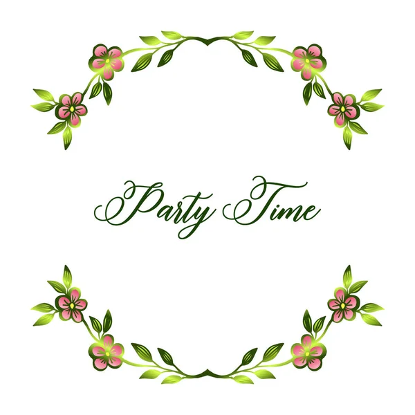 Card decoration template of party time, with cute green leafy flower frame. Vector — Stock Vector